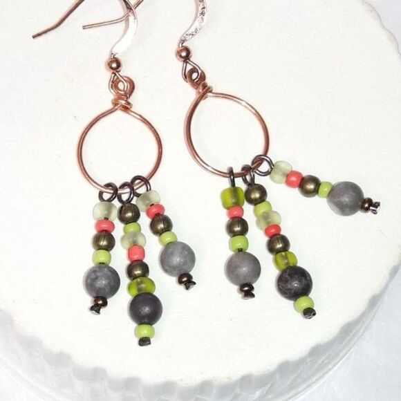 Artisan earrings  147# NEW bohemian Jasper gemstone earrings Copper hoops seeds - Picture 6 of 6